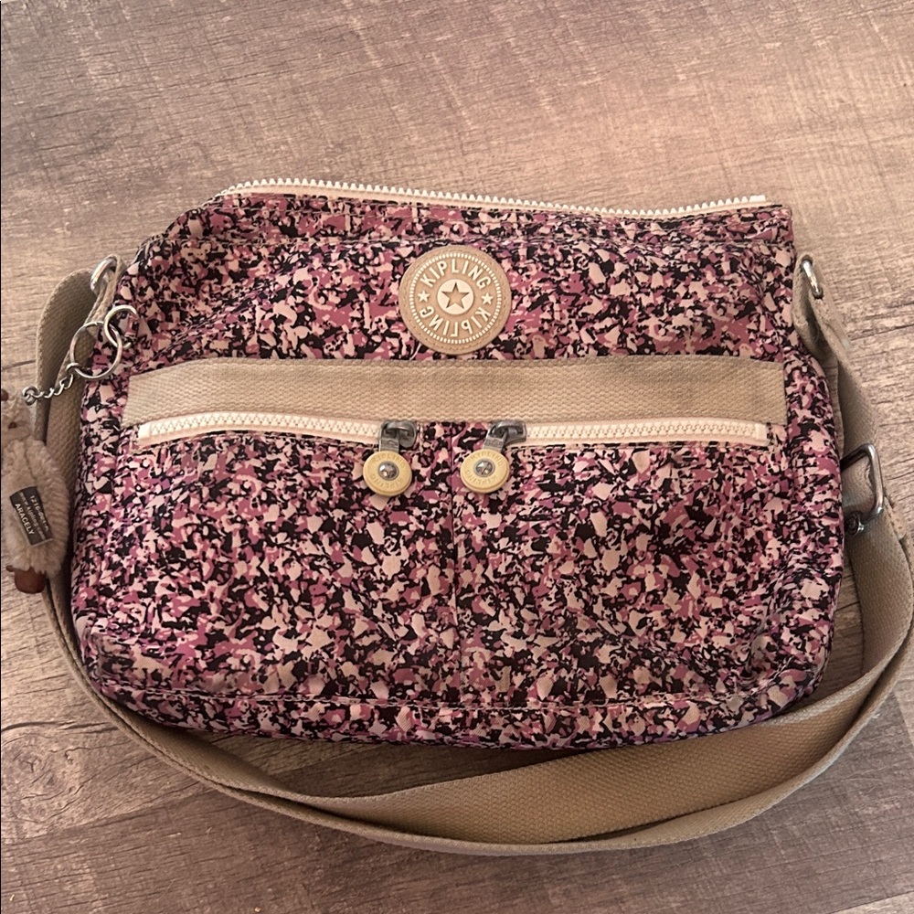 Kipling Pink Confetti Print Crossbody Bag with grey Strap